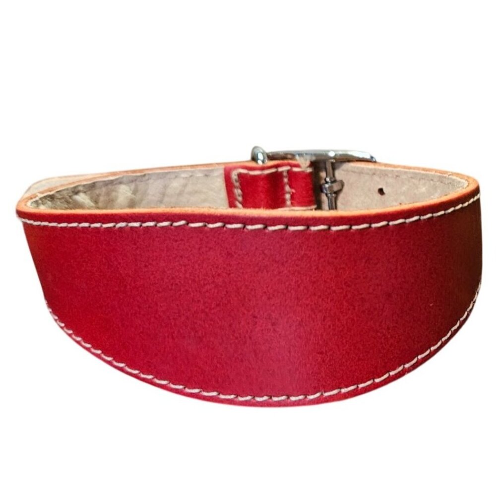 Handmade Leather Dog Collar 20" Adjustable Red w/ White Stitching & Soft Lining - Picture 2 of 7